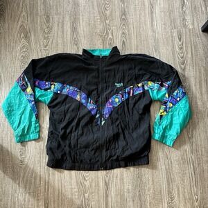 Vintage 80s 90s Womens Reebok Black Geometric Windbreaker Zip Up Jacket Sz XL